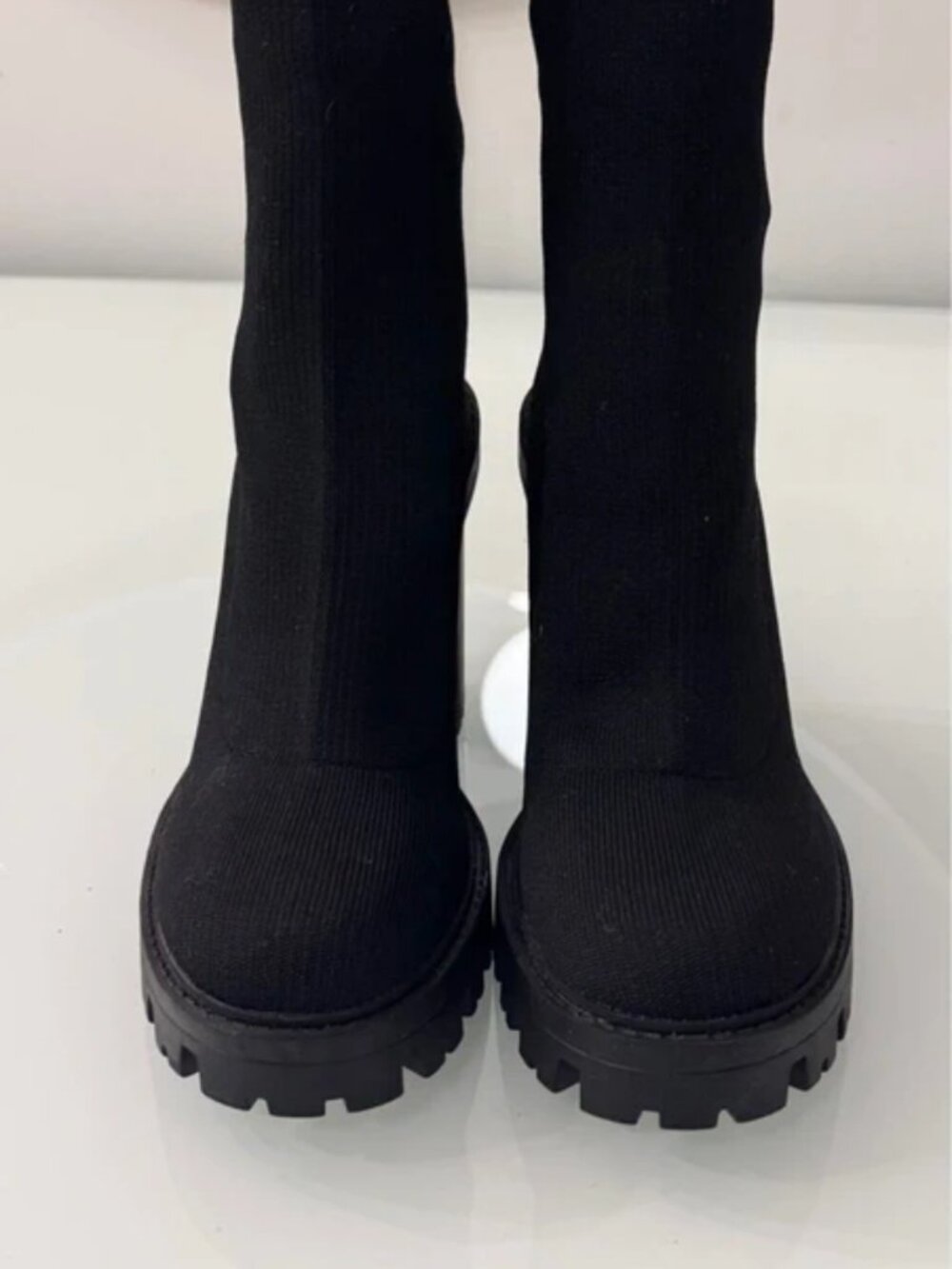 Zara Black Knit Sock Boots - Track Sole & Block Heel - Size EU 38 / US 7.5